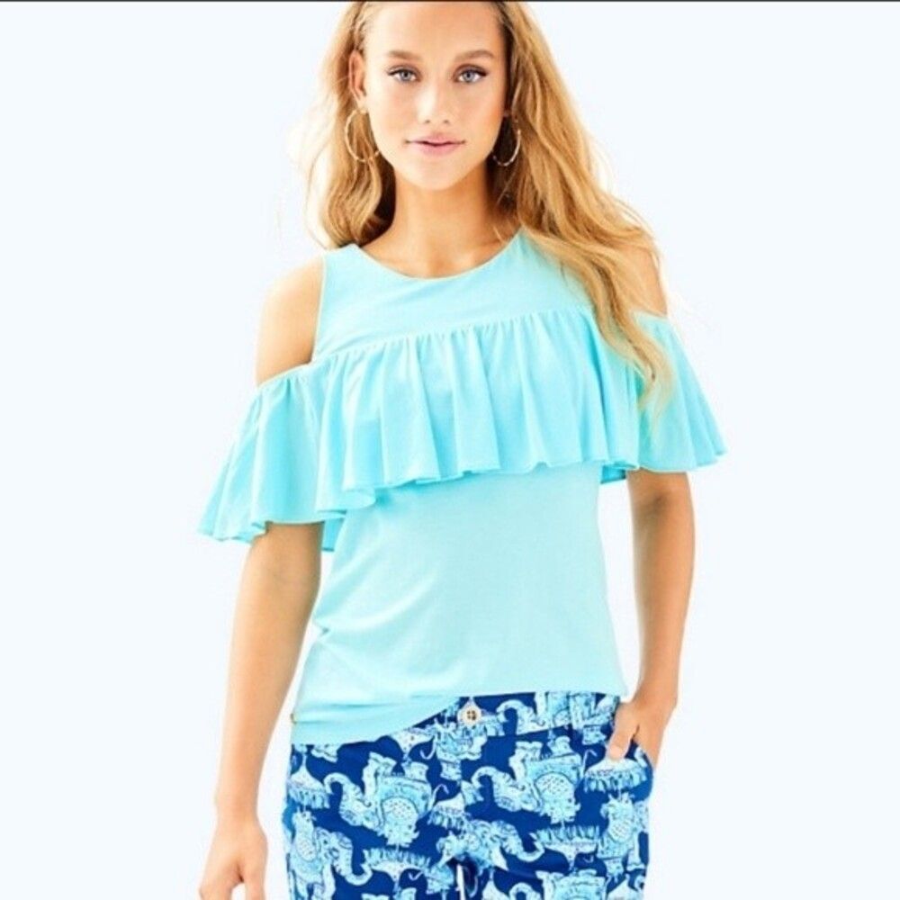 Lilly Pulitzer Style 28255 aqua blue cold shoulder short sleeve top - XS